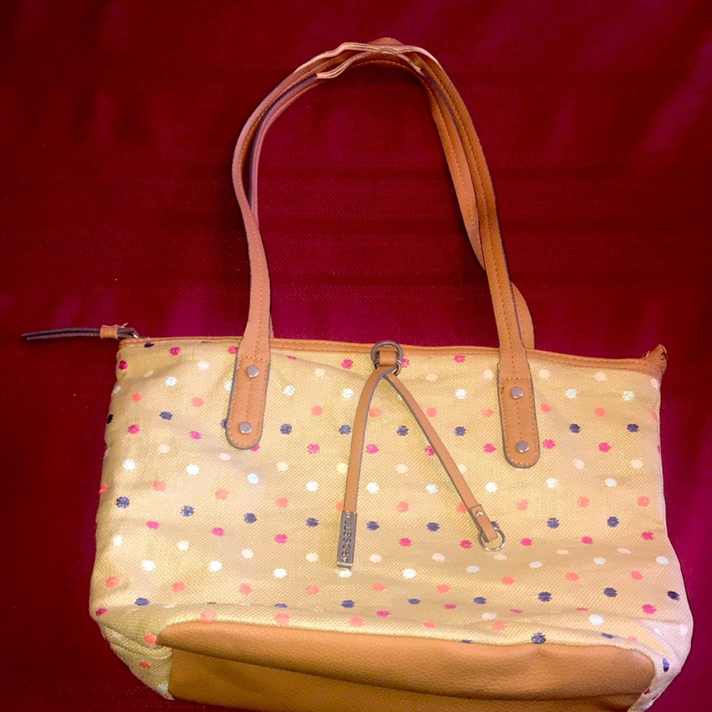 Spring Rossetti color polka dot shoulder bag w tan faux leather detailing.